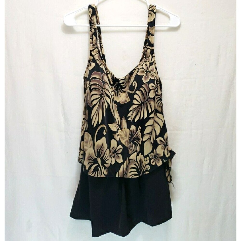 Le Cove Swimdress Womens 18 Black Tan Tropical Floral One Piece Swimsuit Skirted